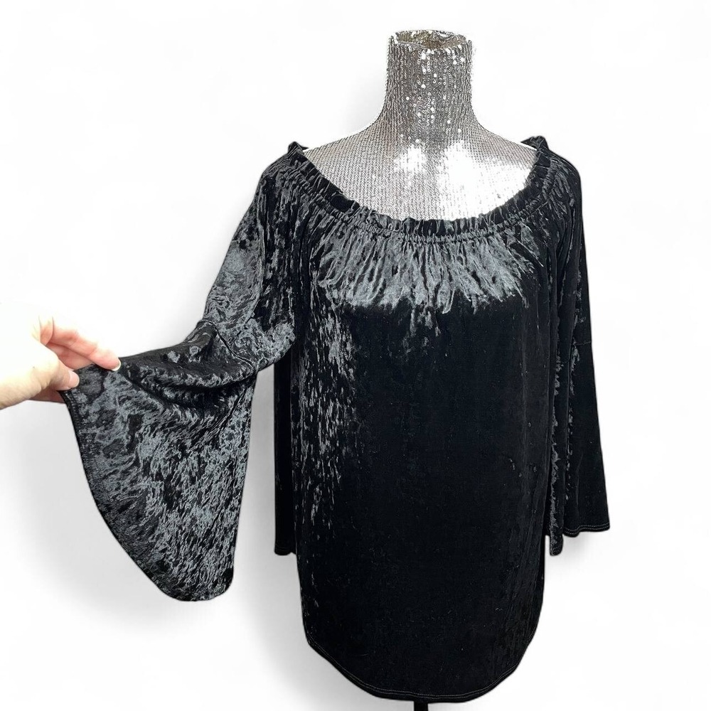 Whimsigoth Crushed Velvet Bardot Bell Sleeve Top Large Black Gothic Witchy